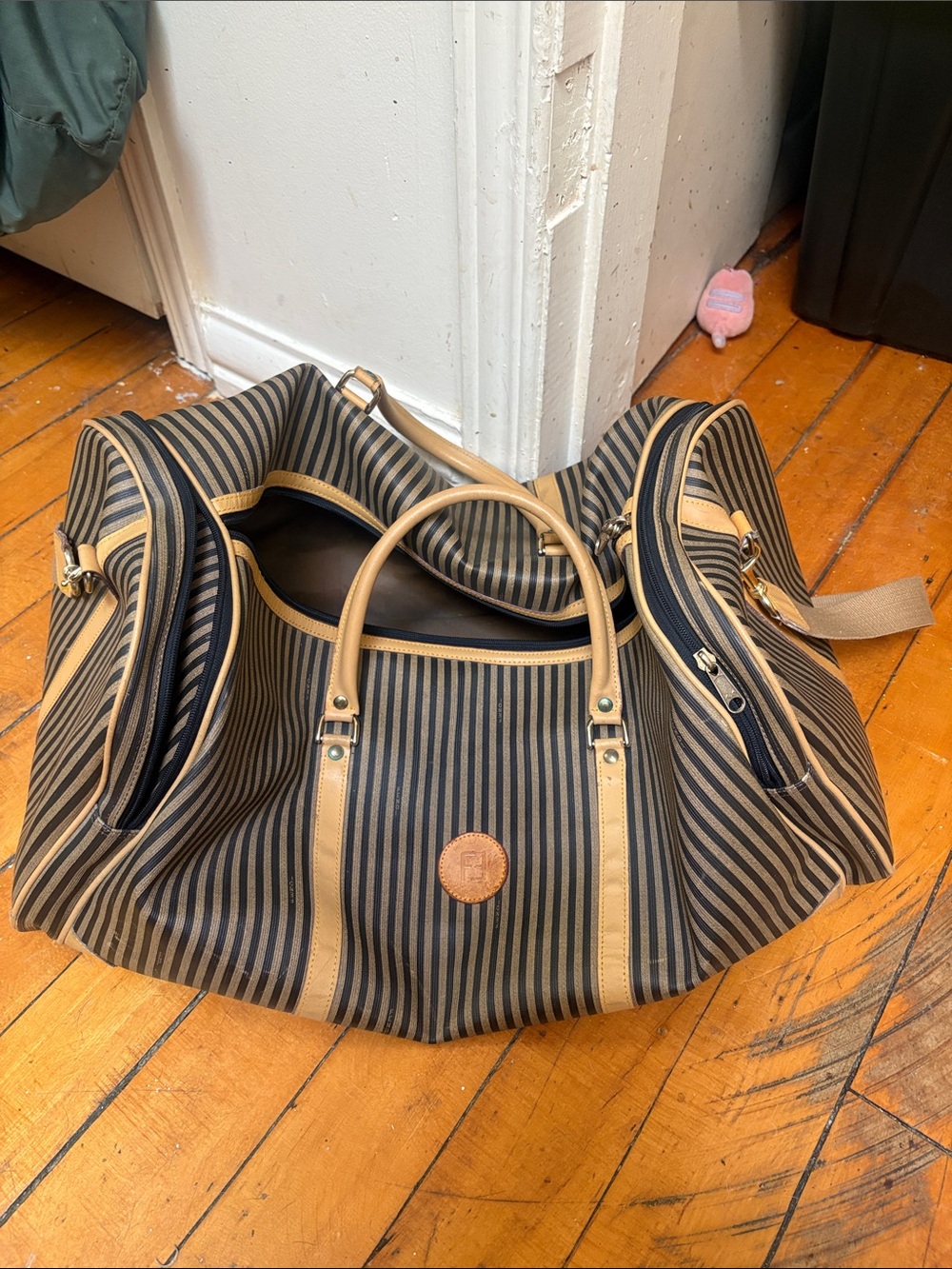 FF Monogram Pequin Striped Weekender Duffel Travel Bag Black Tan